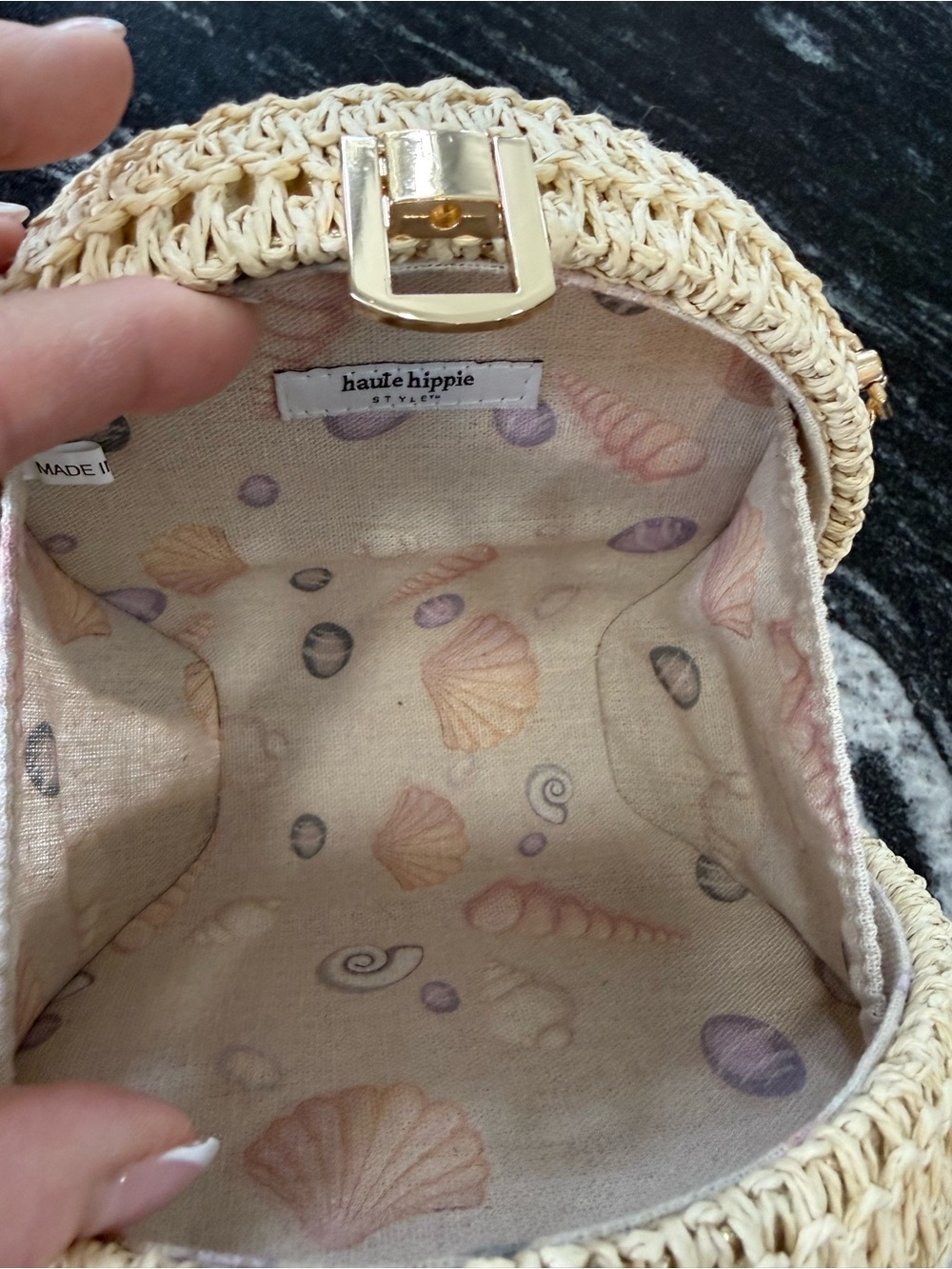 HAUTE HIPPIE Woven Round Crossbody Bag in Natural with Gold Chain & Gold Shimmer - Picture 7 of 14